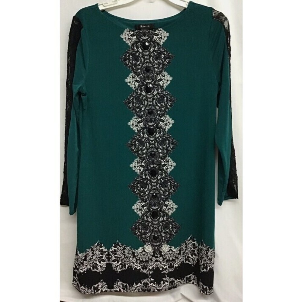 Style & Co. Small Green & Black Dress Long Sleeve Knee length S